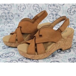 Clarks Collection Brown‎ Leather Cork Wedge Heel Slingback Sandals US 7.5 M